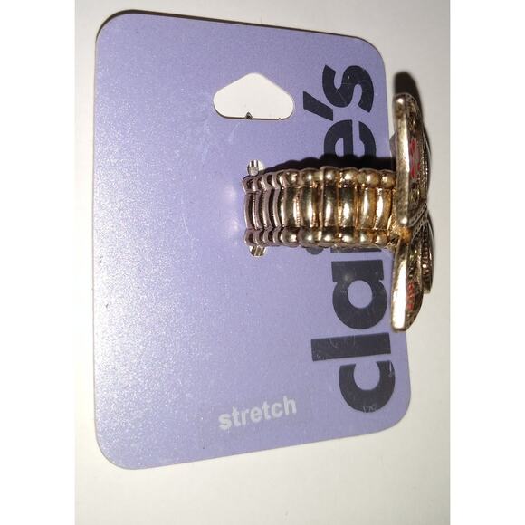 Vintage Silver Tone Butterfly Red Black Flowered Stretch Ring NEW NOS - Picture 2 of 2